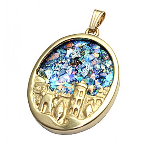 14K Gold Oval Pendant with Roman Glass and Sculpted Jerusalem Image