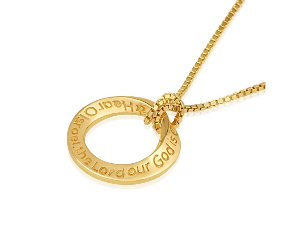 14K Gold Pendant Necklace – Shema Yisrael Prayer Engraved on Edge of Open Circle