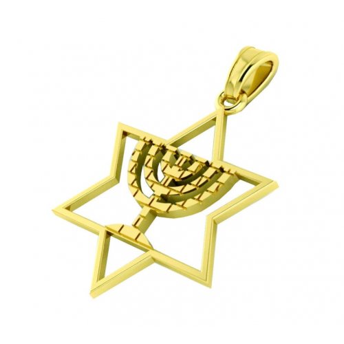 14K Gold Star of David Pendant with Decorative Menorah in Center