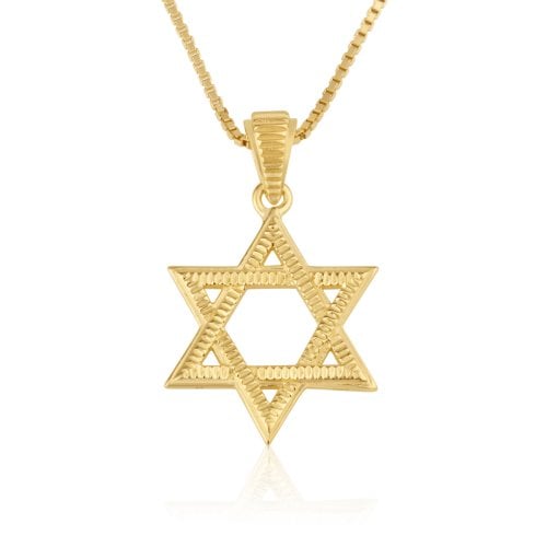 14K Solid Gold Necklace with Textured Star of David Pendant