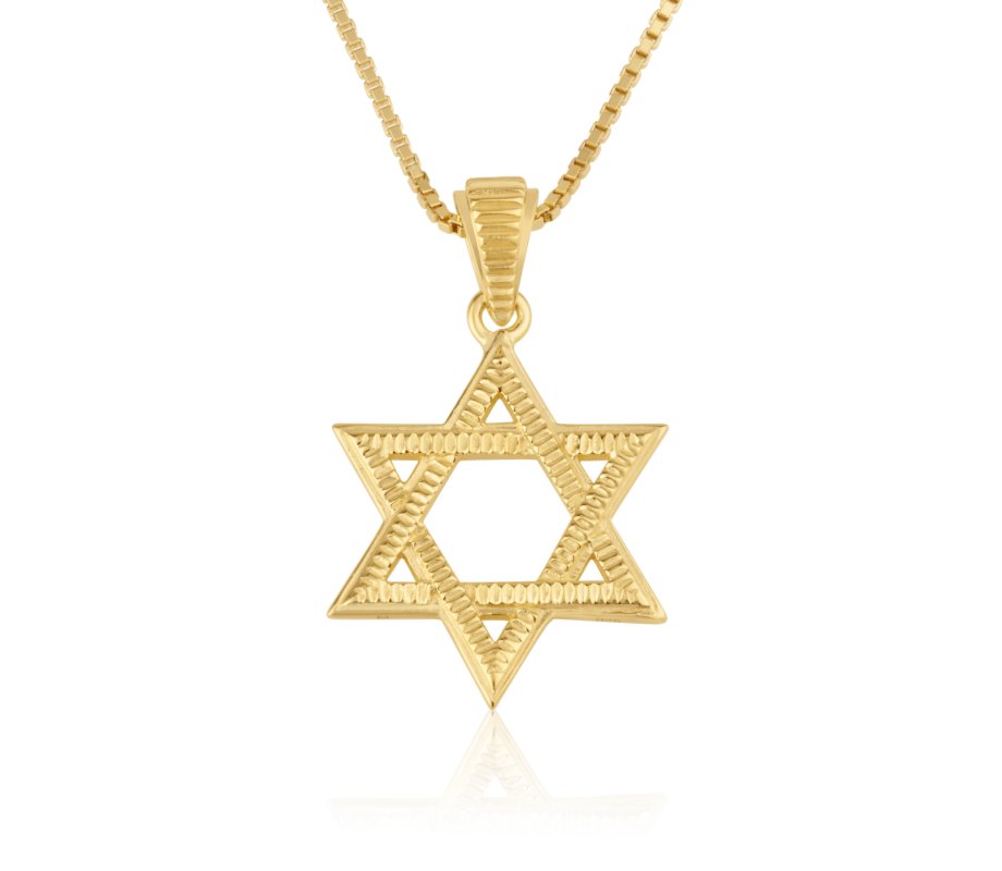 14K Solid Gold Necklace with Textured Star of David Pendant