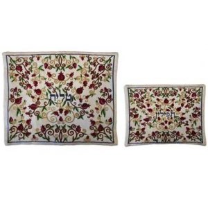 Yair Emanuel White Embroidered Tallit and Tefillin Bag – Red Pomegranate Vines