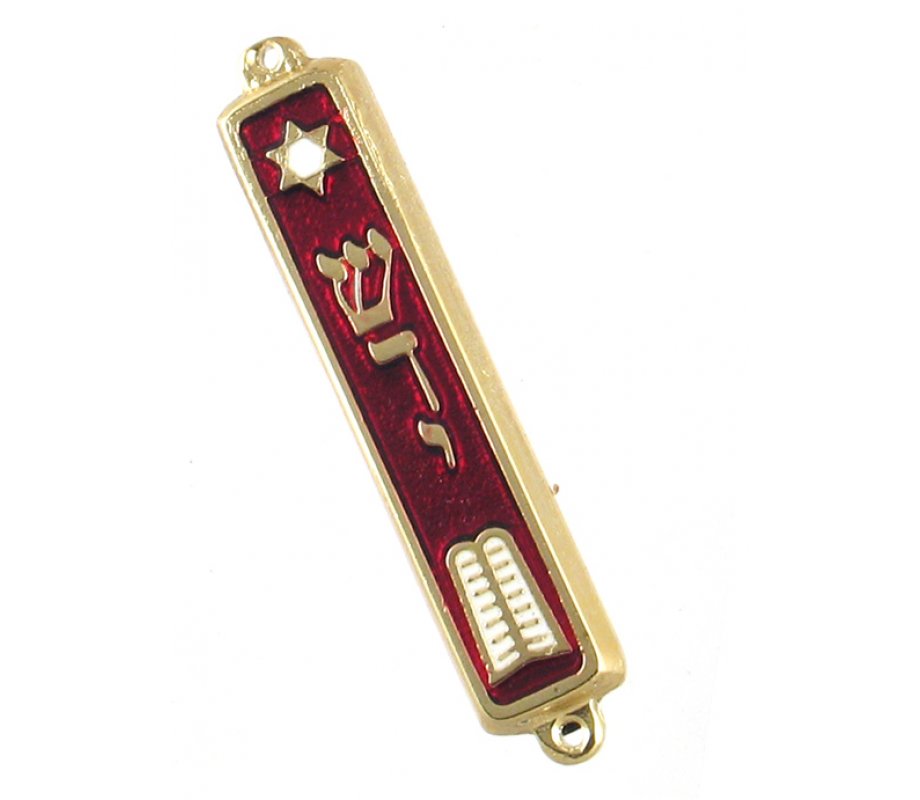 24K Gold Plated Mezuzah Case, Star of David and Torah Tablet - Maroon or Red