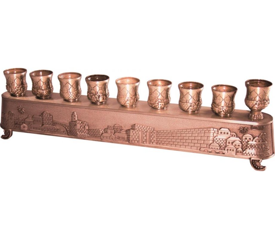 2-in-1 Copper Plated Menorah, Jerusalem Engraving - Shabbat Lights on Reverse