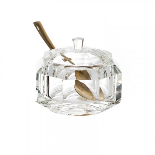 3 Piece Crystal Diamond Faceted Honey Dish for Rosh Hashanah  Lid and Spoon