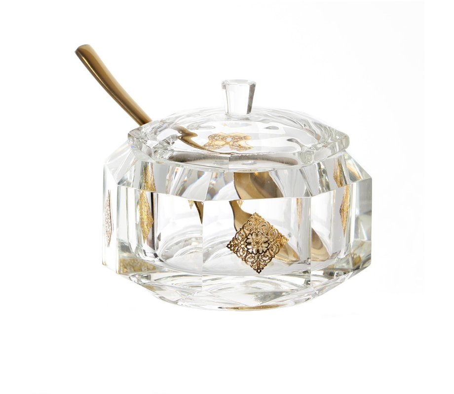 3-Piece Gleaming Lead Crystal Rosh Hashanah Honey Dish with Filigree Plaque