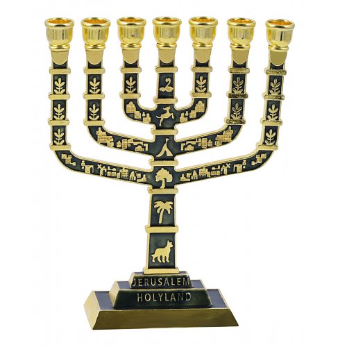 7 Branch Jerusalem Menorah on Square Base with Gold Judaic Motifs - Olive Green