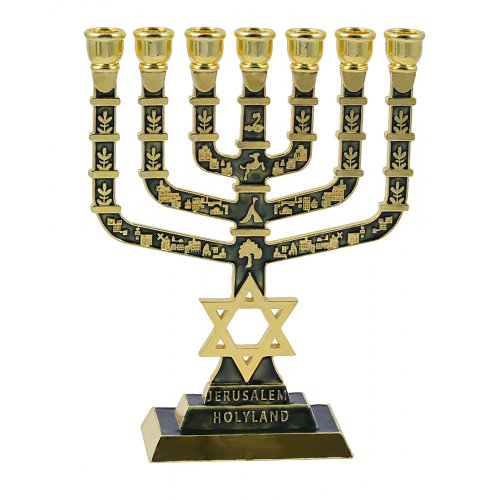 7 Branch Menorah on Square Base with Gold Images and Star of David - Dark Green