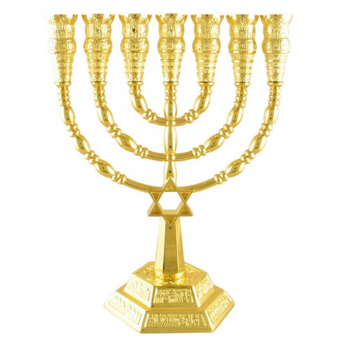 7 Branch Menorah with Star of David and Jerusalem Images, Gold – 9.4 or 6”