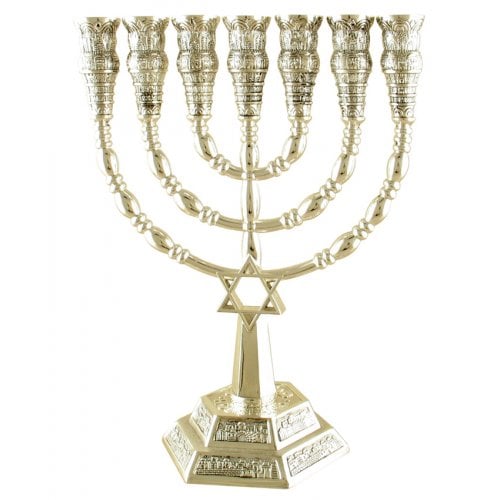 7 Branch Menorah with Star of David and Jerusalem Images, Silver – 9.4 or 6”