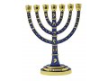 7-Branch Enamel Plated Jerusalem Menorah with Judaic Decorations - Dark Blue