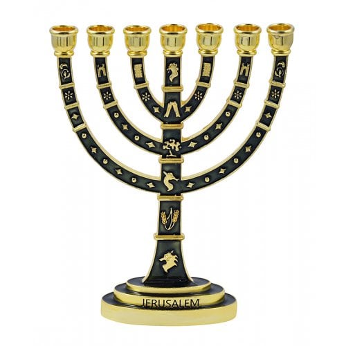 7-Branch Enamel Plated Jerusalem Menorah with Judaic Decorations - Green