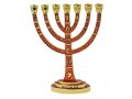 7-Branch Enamel Plated Jerusalem Menorah with Judaic Decorations - Red