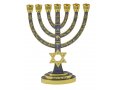 7-Branch Gold Menorah with Gray Enamel, Judaic Symbols & Star of David - 9.5”