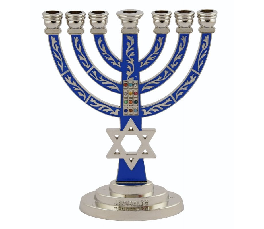 7-Branch Menorah, Dark Blue on Silver with Breastplate and Star of David – 5.2