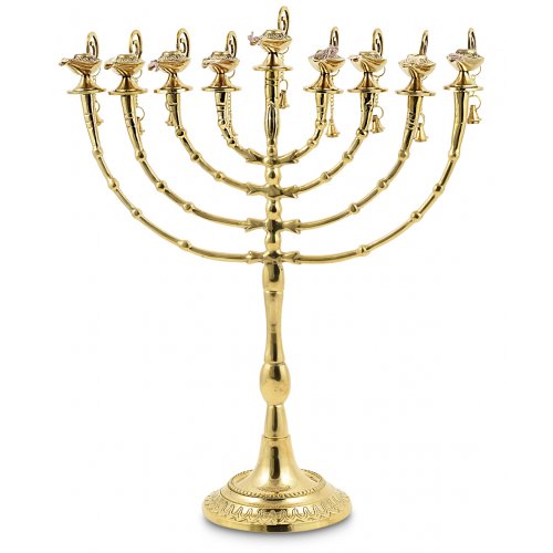 7-Branch Menorah, Golden Brass with Decorative Aladdin Lamp and Bell - 16