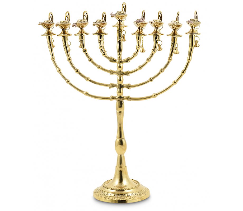7-Branch Menorah, Golden Brass with Decorative Aladdin Lamp and Bell - 16”