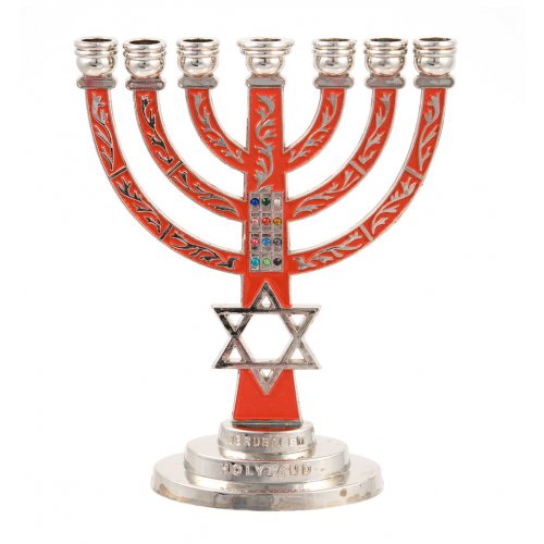 7-Branch Menorah, Red on Silver with Breastplate and Star of David  5.2