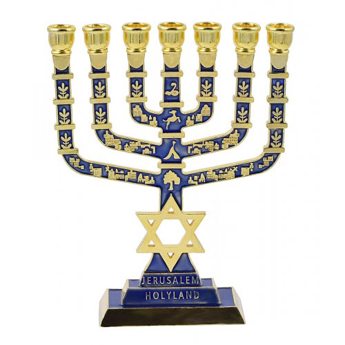 7-Branch Menorah on Square Base with Gold Images and Star of David - Dark Blue