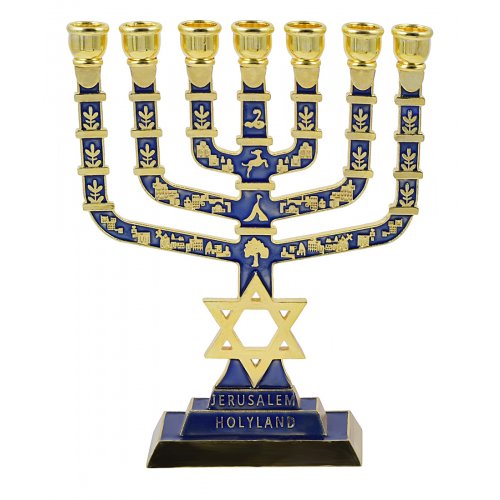 7-Branch Menorah on Square Base with Gold Images and Star of David - Dark Blue