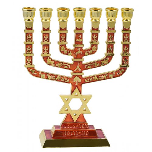 7-Branch Menorah on Square Base with Gold Images and Star of David - Red
