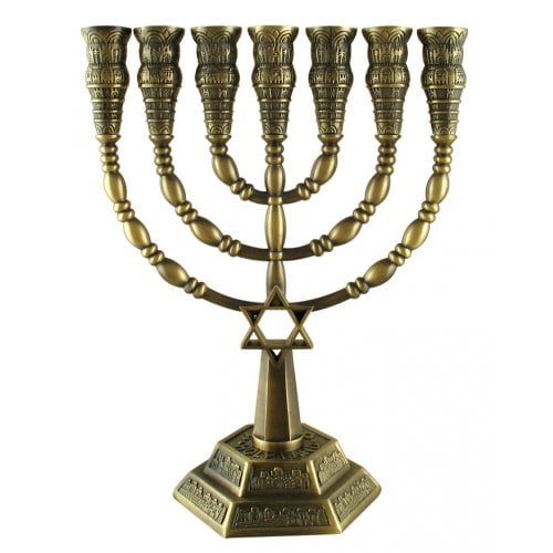 7-Branch Menorah with Star of David and Jerusalem Images, Bronze – 9.4 or 6”
