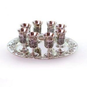 Silver Plated Eight Small Stem Kiddush Cups and Matching Tray - Jerusalem Design