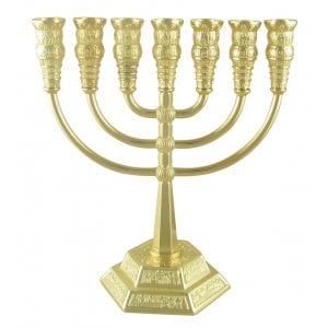 Seven-Branch Menorah with Jerusalem Images, Gold - Option: 5.3" or 8.6" Height
