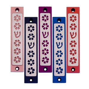 Agayof Mezuzah Case, Five Flowers and Shin in Dark Colors – 4 Inches Height