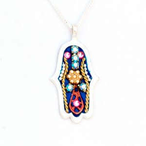 Silver Hamsa Necklace by Ester Shahaf in Blue and Red