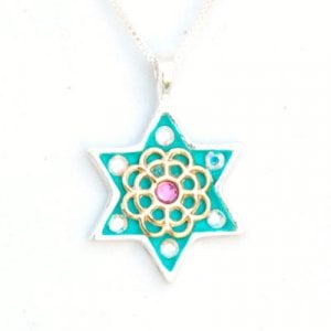 Green-Gold Flower Star of David Necklace by Ester Shahaf