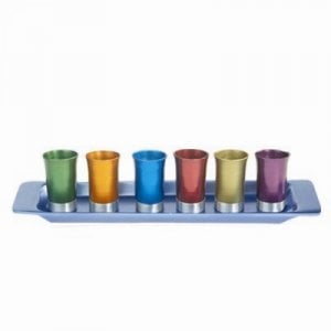 Yair Emanuel Six Anodized Aluminum Kiddush Cups and Tray – Metallic Colors