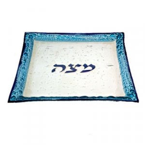 Itay Mager Fused Glass Passover Matzah Plate - Shimmering Blue and White