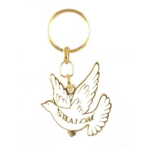 Gold Framed Metal Keychain - White Dove with "Shalom" in English