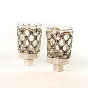 Pair of Glass Oil/Candle Inserts with Silver Plated Lattice Design