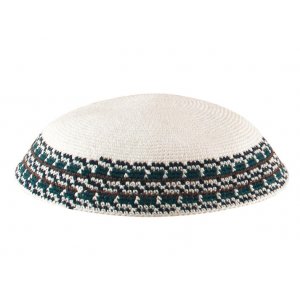 White Knitted DMC Kippah with Green and black border