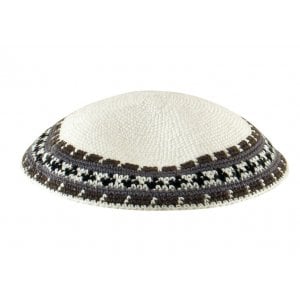 White Knitted DMC Kippah with olive and gray border