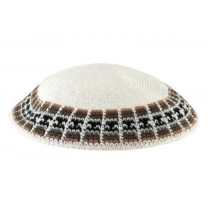 White Knitted DMC Kippah with green and light blue rim