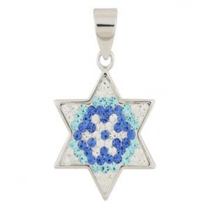 Gold Filled Star of David Pendant - Blue-White Crystals