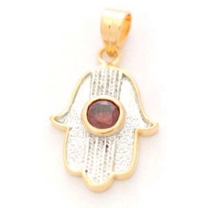Two Tone Gold Filled Hamsa Hand Pendant with Red Garnet in Palm