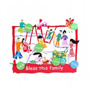 Tzuki Art Hand Painted Sculpture Park Scene, Bless this Family in English - Red
