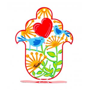 Hand Painted Hand Hamsa on Stand - Flowers, Heart, Love Birds