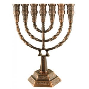 7 Branch Menorah with Star of David and Jerusalem Images, Copper – 9.4 or 6”