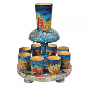 Yair Emanuel Hand Painted Wood Kiddush Fountain Set, 8 Cups - Jerusalem Design