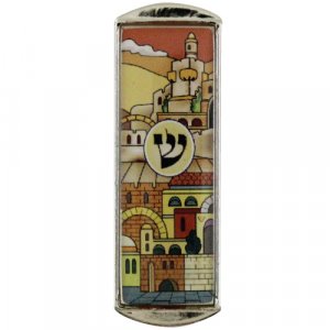 Nickel Plated Car Mezuzah – Colorful Jerusalem Images