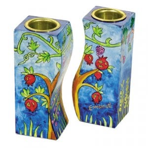 Yair Emanuel Hand-Painted Wood Fitted Candlesticks - Pomegranates