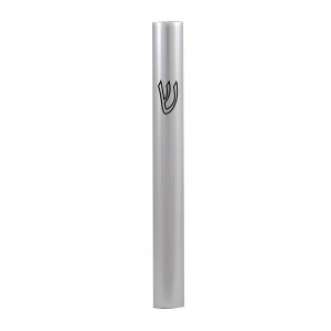 Rounded Aluminum Mezuzah Case - Gleaming Silver with Black Outline "Shin"