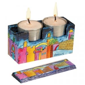 Yair Emanuel Hand Painted Travel Shabbat Candlesticks in Wood Box - Jerusalem