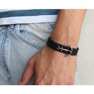 Men's Black Leather Bracelet with Anchor Element