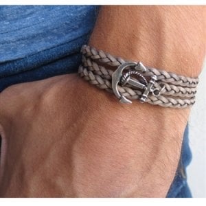 Braided Gray Leather Men's Wrap Bracelet with Anchor Design